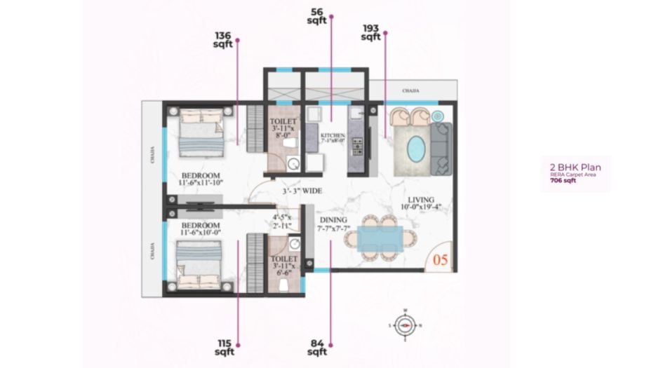Modirealty-Wisteria-Floor-Plan-2 BHK-706 Sqft